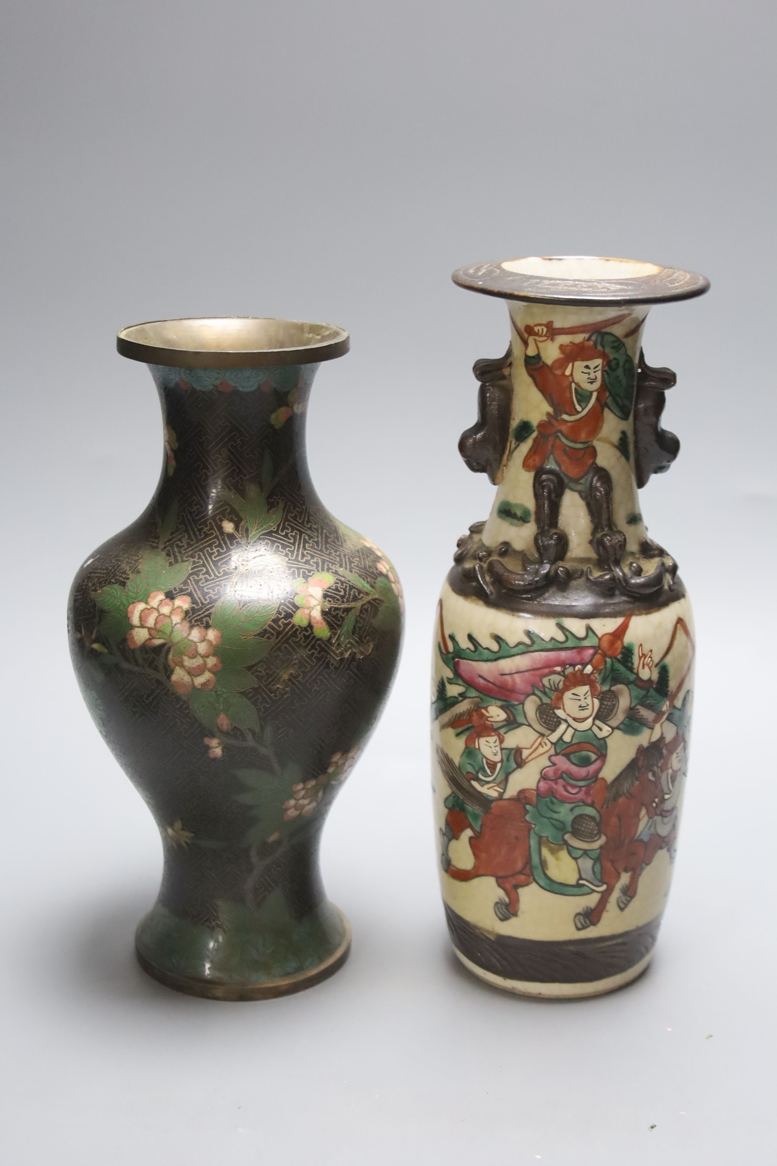 A Chinese crackle glaze tripod censer, a similar vase, a cloisonne vase and a two handled jar and cover, height 26cm